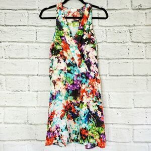 Parker Maya 100% Silk Faux Wrap Dress watercolor floral medium colorful